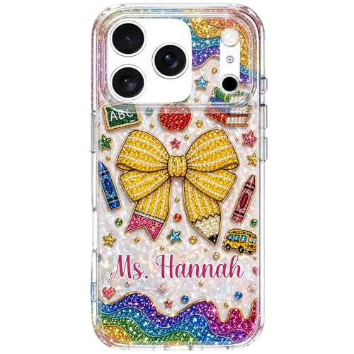 Teaching is A Work of Heart Pencil Bow and Apple - Personalized Clear Phone Case Cute Teacher Appreciation Week Gift Back to School Protective Cover for Women
