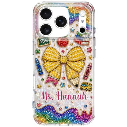 Teaching is A Work of Heart Pencil Bow and Apple - Personalized Clear Phone Case Cute Teacher Appreciation Week Gift Back to School Protective Cover for Women