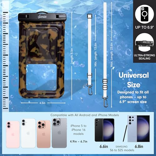 Sonix Waterproof Phone Pouch - Floating Phone Case Dry Bag w/Crossbody Lanyard - Beach Cruise Travel Essentials - Compatible w/All Devices, Touchscreen Friendly | Brown Tort - color: Brown Tort
