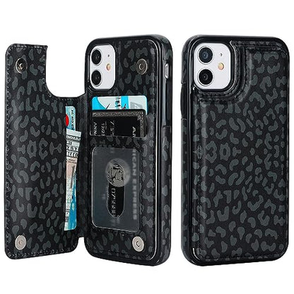 HAOPINSH for 11 Wallet Case with Card Holder, Black Leopard Cheetah Pattern Back Flip Folio PU Leather Kickstand Card Slots Case for Women Girls, Double Magnetic Clasp Shockproof Cover 6.1" - color: Black Leopard