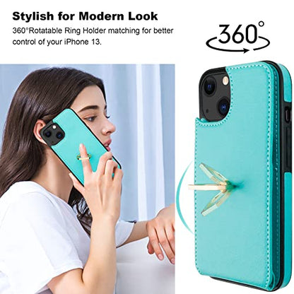 Folosu Compatible with iPhone 13 Case Wallet with Card Holder, 360°Rotation Finger Ring Holder Kickstand Protective RFID Blocking PU Leather Double Buttons Flip Cover 6.1 Inch Mint Green - color: Mint Green