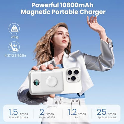 Ekrist Magnetic Portable Charger 10800mAh for MagSafe with Built-in Cable,iWatch Charger,Wireless Power Bank Travel Essentials,25W Fast Charging Battery Pack for iPhone 17/16/15/14,Apple Watch(White)