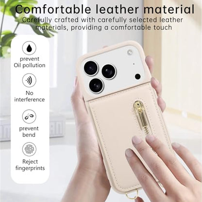 Crossbody Wallet Case for iPhone 17 Pro with Lanyard Strap Card Slot Holder RFID Blocking Kickstand,Magnetic Flip Folio Zipper Purse Case, PU Leather Cover Handbag,Beige - color: Beige, size: iPhone 17 Pro(6.3")