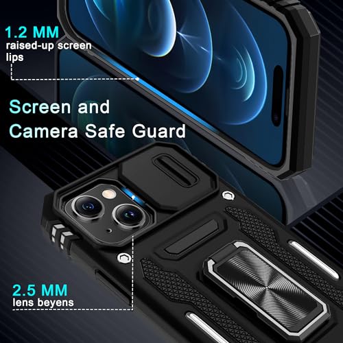 DEERLAMN Case for iPhone 15 with Slide Camera Cover + Screen Protector (2 Packs), Rotated Ring Kickstand Military Grade Shockproof Protective Cover-Black - color: Black