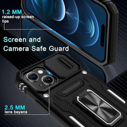 DEERLAMN Case for iPhone 15 with Slide Camera Cover + Screen Protector (2 Packs), Rotated Ring Kickstand Military Grade Shockproof Protective Cover-Black - color: Black