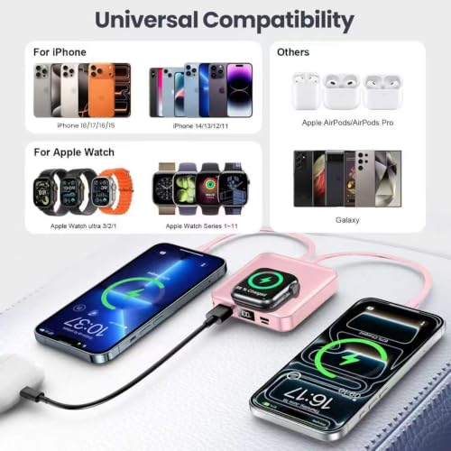 Mini Portable Charger for iWatch 12000mAh, Power Bank with Built-in Cables - color: Rose Pink