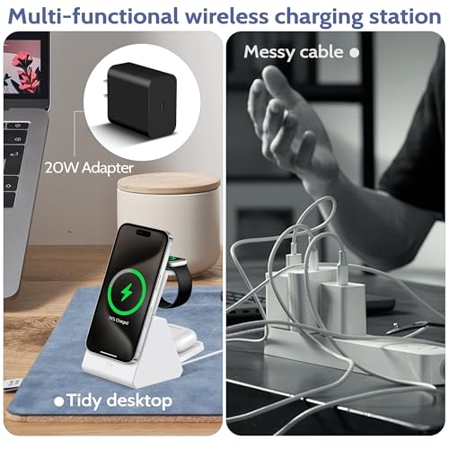 Smtcsl 3-in-1 Wireless Charging Station: Portable 5000mAh Power Bank Charger Compatible for Phone Air/17/16/15/14/13/12 Series and Watch - Detachable Magnetic Charging Stand White