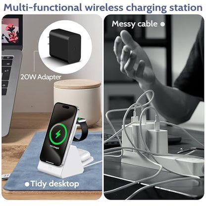 Smtcsl 3-in-1 Wireless Charging Station: Portable 5000mAh Power Bank Charger Compatible for Phone Air/17/16/15/14/13/12 Series and Watch - Detachable Magnetic Charging Stand White
