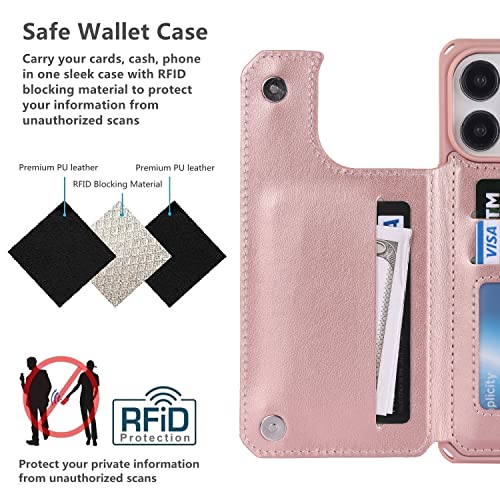 iCoverCase Compatible with iPhone 14 Pro Max Wallet Phone Case with Card Holder for Women, RFID Blocking Embossed PU Leather Wrist Strap Case 6.7 Inch (Heart Rose Gold) - color: H-Rose Gold