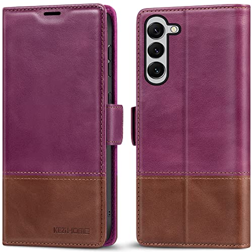 KEZiHOME Case for Galaxy S23 5G, Genuine Leather [RFID Blocking] Wallet Case Magnetic Folio Flip with Card Slots Kickstand Phone Cover Compatible with Galaxy S23 (2023) (Purple/Brown)