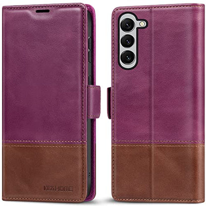 KEZiHOME Case for Galaxy S23 5G, Genuine Leather [RFID Blocking] Wallet Case Magnetic Folio Flip with Card Slots Kickstand Phone Cover Compatible with Galaxy S23 (2023) (Purple/Brown)