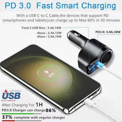 4 in 1 USB C Car Charger, 168W Multi USB Cigarette Lighter Adapter - color: PD3.0+ USB C-C Cable