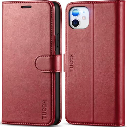 TUCCH Case Wallet for iPhone 11 (6.1") 2019, RFID Blocking Folio, Dark Red | 3 Card Holders, Kickstand, PU Leather, Magnetic Closure, Shockproof TPU Shell, Protective Flip Cover - color: Dark Red