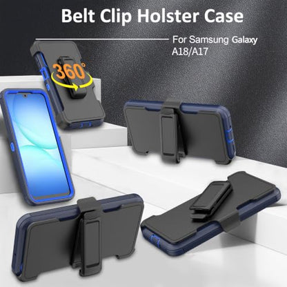 Rugged Phone Case for Samsung Galaxy A18/A17 Blue | Belt Clip Holster & Kickstand Heavy Duty Shockproof Protective Full Body Case (Blue) - color: Blue