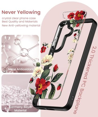Crystal Clear Flower Pattern Case for Samsung Galaxy S26 FE-Black | Girl Women Slim Soft TPU + Hard PC Military Grade Protective Phone Cover WithTempered Glass Screen Protector for S26 FE - color: S26 FE-Black