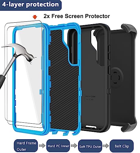 for Samsung Galaxy S23 Case with Belt Clip Holster, 2 x Screen Protector, Heavy Duty Military Grade Full Body Shockproof Dust-Proof Rugged Protective Cover for Samsung S23 5G (Black Blue) - color: Black/Blue