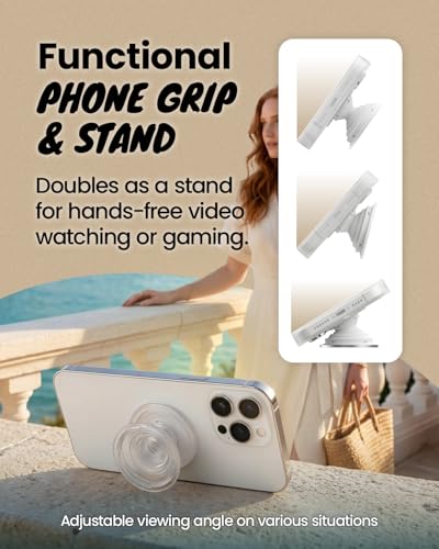 Natural Gemstone Phone Grip Collapsible Cell Phone Holder & Expanding Kickstand, Authentic Oval Crystal with Gold Edge (White Quartz, Adheisve Base) - color: White quartz