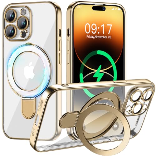 Magnetic for iPhone 14 Pro Case with Invisible Stand[Compatible with MagSafe][Full Camera Lens Protector][Military Drop Protection]Shockproof Not Yellowing Clear Slim Soft for Women Men Gold - color: Gold, size: iPhone 14 Pro