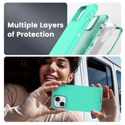 Compatible with iPhone 15, Dual Layer Shockproof Full Body Cover Military Grade Drop Protection Heavy Duty Phone Case for Apple iPhone 15/14/13 6.1 inch (Turquoise/Light Blue) - color: Turquoise/Light Blue