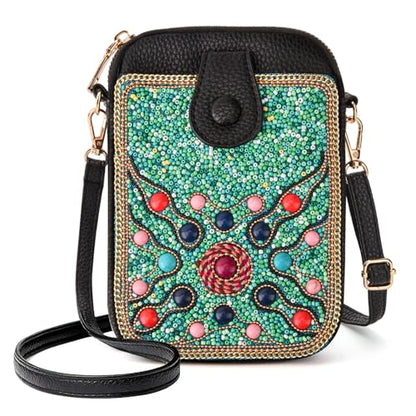 Women's Small Crossbody Cell Phone Bag, Boho Colorful Beaded Purse Wallet with Handmade Cute Patterns - color: Bead-blue