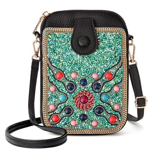 Women's Small Crossbody Cell Phone Bag, Boho Colorful Beaded Purse Wallet with Handmade Cute Patterns - color: Bead-blue