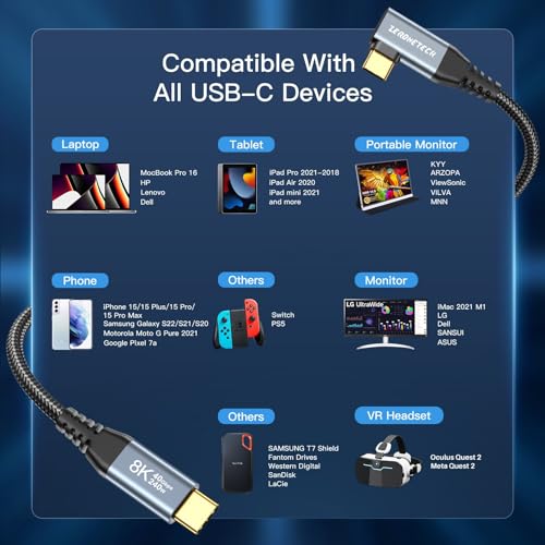 ZeroneTeck 6 inch USB C for Thunderbolt 4 Cable 0.5FT, [Durable] 40Gbps High Speed Data Transfer Short, Right Angle USB 4 Cord 240W PD Charging, 8K@60Hz Video Output 90 Degree for iPhone 17,MacBook - size: 0.5FT, style: Right Angle