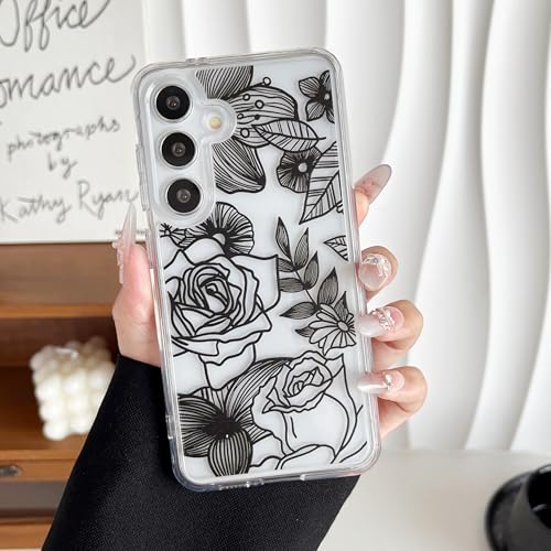 XIZYO for Samsung Galaxy S25 Case Cute Floral, Transparent Black | Girly Women Flower Rose Clear Aesthetic Pattern, Slim Not-Yellowing TPU Bumper Shockproof Protective Cover - color: Transparent Black, size: for Samsung Galaxy S25