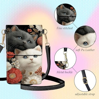 Small Crossbody Bags for Women Touchscreen Cell Phone Bag Cross Body Purses with adjustable Strap,Gifts For Teenage Girls - color: Black & White Cats
