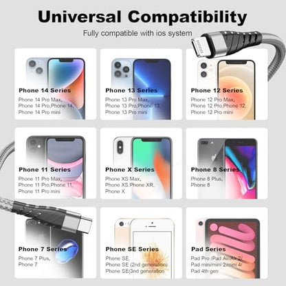 Phone Charger Cable 6FT,2Pack Lighting Cable Nylon Braided USB Charging Cable High Speed Transfer Cord Compatible with Phone 14/13/12/11 Pro Max/XS MAX/XR/XS/X/8/Pad,Gray