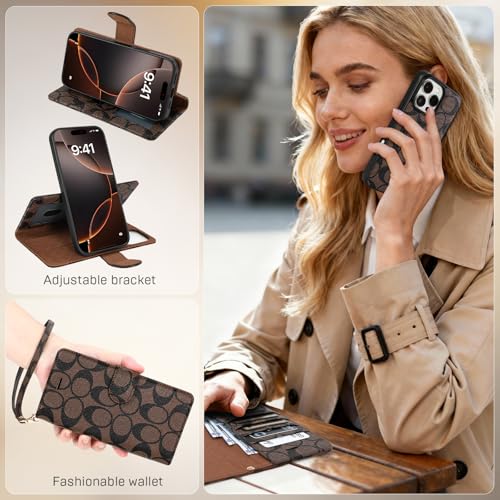 Luxury Designer Wallet Case for iPhone 16 Pro Max, Magnetic Detachable Cover with Card Slots, Kickstand, Wrist Strap, Smartish PU Leather, 6.9 Inch,Brown