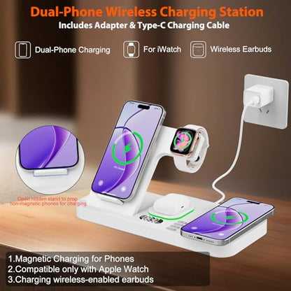 Dual Phone Magnetic Wireless Charging Station for Apple Devices/Apple Ecosystem,with Auto-Switch 7-Color Light & Clock, Compatible with iPhone 17/16/15, for iWatch 11/10/9 & AirPods Pro3（Cream