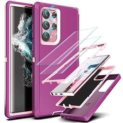 YmhxcY for Galaxy S22 Ultra Case with Self Healing Flexible TPU Film[2 Pack] and Lens Protective Film[2 Pack], Heavy Protection Cover for Galaxy S22 Ultra （6.8“）-Wine Red and Rose Pink - color: Wine red and rose pink