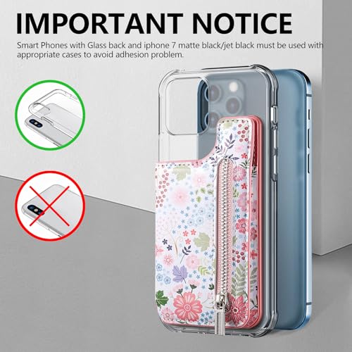 Stick on Wallet for Phone Case, Credit Adhesive Card Holder for Back of Phone Cases Flip Leather Zipper Flower Wallet Sleeve Compatible with iPhone, Samsung Galaxy Most Smartphones Pink - color: Flower Pink