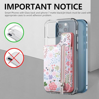 Stick on Wallet for Phone Case, Credit Adhesive Card Holder for Back of Phone Cases Flip Leather Zipper Flower Wallet Sleeve Compatible with iPhone, Samsung Galaxy Most Smartphones Pink - color: Flower Pink