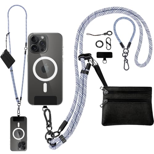 Newlibery Phone Lanyard Crossbody Wrist Strap, Clip and Go Strap for Phone with Wallet, Adjustable Anti-Theft Cell Phone Strap for All Phones (Blue-Gray Lanyard + Black Wallet) - color: Gray and Blue Stripes