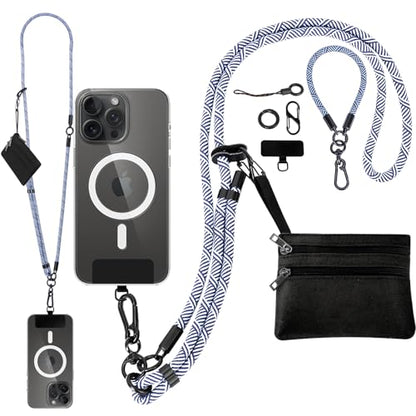 Newlibery Phone Lanyard Crossbody Wrist Strap, Clip and Go Strap for Phone with Wallet, Adjustable Anti-Theft Cell Phone Strap for All Phones (Blue-Gray Lanyard + Black Wallet) - color: Gray and Blue Stripes