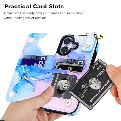 HAOPINSH Wallet Case for iPhone 17 with Card Holder, Pink Blue Marble Print Back Flip Folio PU Leather Kickstand Card Slots Case, Finger Grip Ring Double Magnetic Clasp Shockproof 6.3" - color: Pink Blue Marble Grip Ring