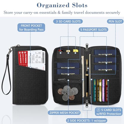 FINTIE Family Passport Holder Wallet Travel Document Organizer Clutch Bag | RFID Blocking Credit Cards Case Cover for Women Men - color: Black