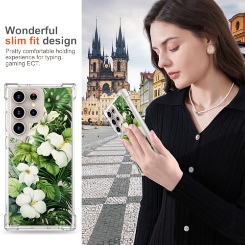 Hungo Galaxy S24 Ultra Case for Girls Women Clear Design Cute,Girly Case Compatible with Samsung Galaxy S24 Ultra Green Tropical Palm Leaves Hibiscus Flower Forest Jungle - color: Green Tropical Leaves