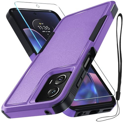 Case Compatible with Moto G 5G 2024, Full Body Heavy Duty Rugged Shockproof Protective Phone Cover with Lanyard Strap, Tempered Glass Screen Protector, Lavender | with Tempered Glass Screen Protector+Lanyard Strap,Rugged Shockproof Protective Phone Case -