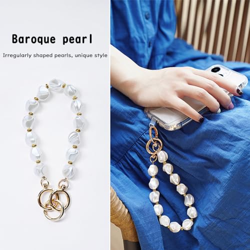 Baroque Pearl Beaded Phone Charm with Tether Tab, Hands-Free Wrist Strap Compatible with Most Phones for Women - color: D