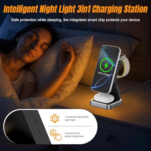 Wireless Charging Station 3 in 1 for Apple Devices, Foldable Magnetic MagSafe Charger Stand, Portable Fast Travel Charger for iPhone Duo/18 Pro Max/17 Air/16/15/14/13/12/11/Apple Watch Series/Airpods