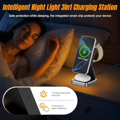 Wireless Charging Station 3 in 1 for Apple Devices, Foldable Magnetic MagSafe Charger Stand, Portable Fast Travel Charger for iPhone Duo/18 Pro Max/17 Air/16/15/14/13/12/11/Apple Watch Series/Airpods