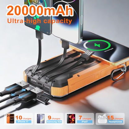 Solar Charger Power Bank 20000mAh, Wireless Fast Charging Battery Pack with 3 Built-in Cables & USB-C Input, Dual LED Flashlights, Portable Phone Charger for Camping, Travel & Emergency Use - color: Orange