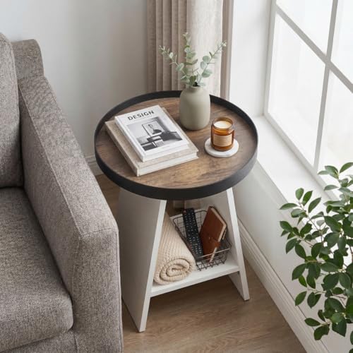 2-Tier Round End Table with 17.7 inch Tray Top, White - color: White