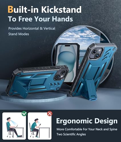 FNTCASE for iPhone 15 Plus Case, Built-in Screen Protector, Kickstand Blue | Military-Grade Drop Protection, Anti-Slip Matte Textured, Rugged Heavy Duty Shockproof TPU Protective Cover - color: Blue