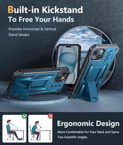 FNTCASE for iPhone 15 Plus Case, Built-in Screen Protector, Kickstand Blue | Military-Grade Drop Protection, Anti-Slip Matte Textured, Rugged Heavy Duty Shockproof TPU Protective Cover - color: Blue
