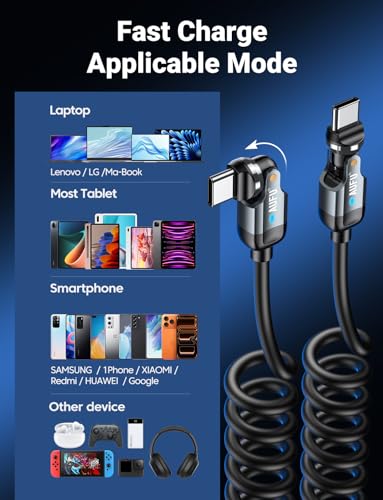 AUFU USB C to USB C Cable 3ft(2Pack), Double 180°+360° Rotation/Coiled USB C Cable for Car/Car Charger USB C/Type C to Type C for 1Phone 17/16/15, Mac-Book/1Pad Series, Sam-Sung Galaxy Series