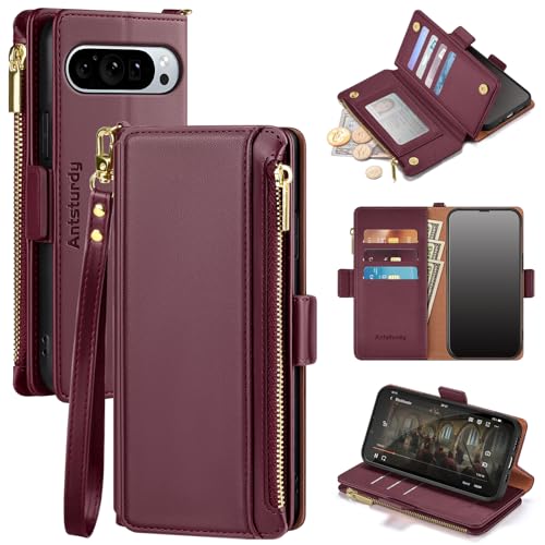 Antsturdy Compatible with Google Pixel 9 5G Wallet Case with Card Holder Women Men,Pixel 9 Pro Phone Case PU Leather Flip Protective Cover Wrist Strap Zipper Credit Card Slots RFID Blocking,Wine Red - color: Wine Red