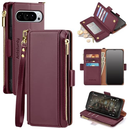 Antsturdy Compatible with Google Pixel 9 5G Wallet Case with Card Holder Women Men,Pixel 9 Pro Phone Case PU Leather Flip Protective Cover Wrist Strap Zipper Credit Card Slots RFID Blocking,Wine Red - color: Wine Red